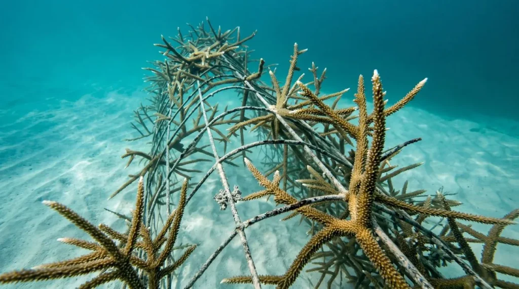 Estructura de vivero con fragmentos de coral cuerno de alce