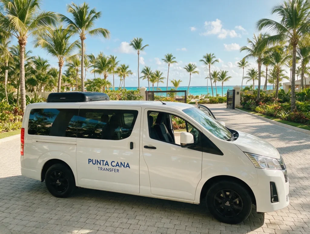 Furgoneta con aire acondicionado esperando en la entrada de un hotel de Punta Cana